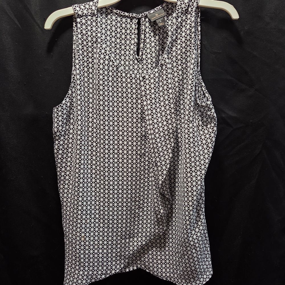 WORTHINGTON Minimalist Mod Geo Sleeveless Work Blouse Keyhole Tank Top B/W SZ L